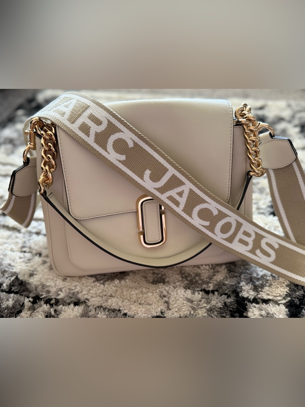 Marc Jacobs Cream Leather Crossbody with Logo Jacquard Strap